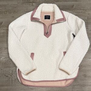 Abercrombie & Fitch White Teddy Quarter Zip with Pink Accents